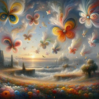The primary subject of the image is a beautifully painted scene featuring a variety of colorful flowers and butterflies. The setting is a cloudy sky, and the visual style is a combination of digital art and illustration. The colors and mood of the image are vibrant and lively, with a focus on the beauty of nature.